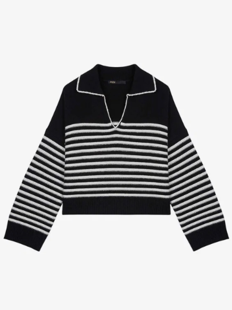 Maje Mariniere Striped V-Neck Jumper Size 1 Black White V Neck Cashmere (A)